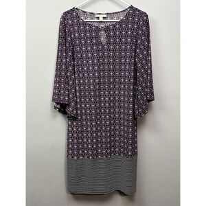 Dana Buchman Dress Womens Medium Purple Black White Geometric Pattern 3/4 Sleeve